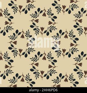 Abstract circle form folk flower seamless pattern. Contrast dark nature ornament on beige background. Stock illustration. Vector design for textile, f Stock Vector