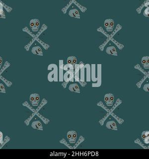 Danger seamless doodle pattern with simple skulls and bones sihouettes. Grey pirate ornament on dark turquoise background. Vector illustration for sea Stock Vector