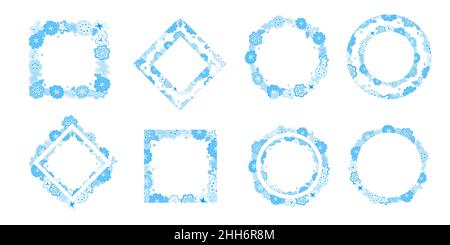 Collection of blue floral rectangular and round hand drawn frames. Various design scribbles, copy space. Editable template, festive print Stock Vector
