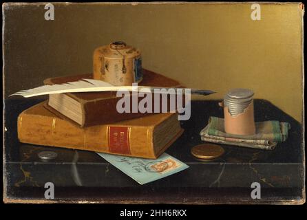 The Banker's Table 1877 William Michael Harnett In a departure from the fruits and vegetables Harnett painted at the outset of his career, this tabletop still life represents manufactured objects. The leather-bound volumes, stained ink bottle, and much-used quill pen show “the mellowing effect of age,” which the artist praised in an undated interview. The varied objects reveal Harnett’s skill in rendering different textures. Although the rolled coins and other currency probably determined the title, there is nothing in the work or its history to indicate that it was commissioned by or painted Stock Photo