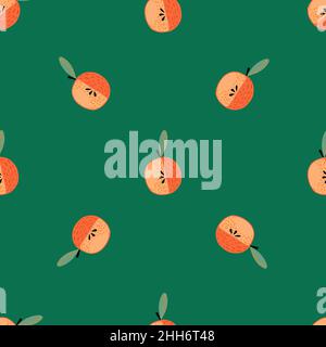 Vegetarian seamless doodle pattern with apples. Minimalistic ornament on green background. Stock illustration. Vector design for textile, fabric, gift Stock Vector
