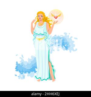 Aphrodite (Venus, Cytherea, Cypris), Greek love and beauty goddess, with golden hair, blue eyes, necklace, in white peplos and magic belt, with heart Stock Vector