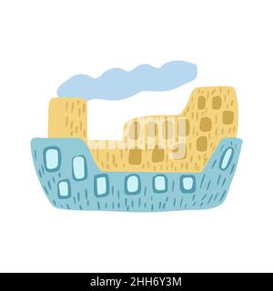 Light blue big cute steamboat isolated on white background. Cartoonish ship with steam in doodle style vector illustration Stock Vector