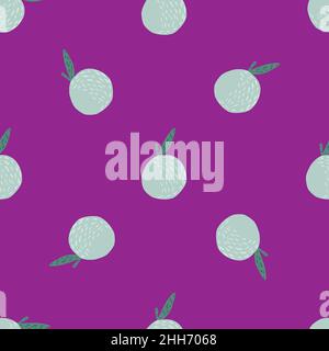 Seamless doodle pattern with random blue apple cute ornament. Fruit shapes on bright purple background. Flat vector print for textile, fabric, giftwra Stock Vector