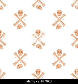Isolated seamless pattern with doodle cartoon skulls and bones ornament. Beige punk print with white background. Vector illustration for seasonal text Stock Vector