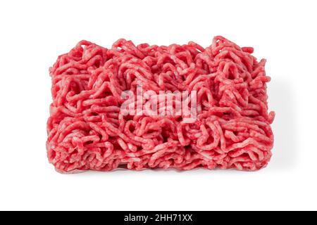 Portion of raw minced meat on paper backing isolated on white Stock Photo