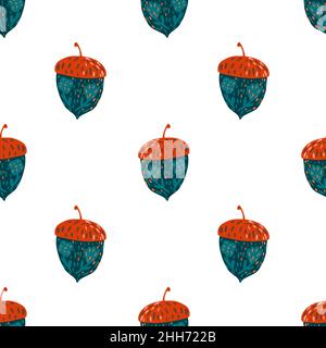 Seamless isolated cartoon forest seamless pattern with acorns. Turquoise and orange colored silhouettes on white background. Flat vector print for tex Stock Vector