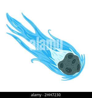 Comet isolated on white background. Meteor with tail blue color in doodle vector illustration. Stock Vector