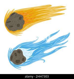 Set comet fly on white background. Meteor yellow and blue color in doodle vector illustration. Stock Vector