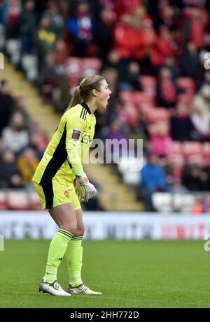 LEIGH, UK. JAN 23RD Mary Earps of Manchester United Women during the Barclays FA Women's Super League match between Manchester United and Tottenham Hotspur at Leigh Sports Stadium, Leigh on Sunday 23rd January 2022. (Credit: Eddie Garvey | MI News) Credit: MI News & Sport /Alamy Live News Stock Photo