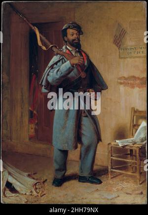 A Bit of War History: The Recruit 1866 Thomas Waterman Wood American This work, painted at the close of the Civil War, forms a narrative triptych (84.12a, b, c) of African American military service. In 'The Contraband' (84.12a)—a term that referred to enslaved people who fled to Union lines at the beginning of the conflict—the self-emancipated man appears in a U.S. Army Provost Marshall General office, eager to enlist. The Recruit (84.12b) represents him as proudly ready for military service. In 'The Veteran' (84.12c), he is depicted as an amputee possibly seeking his pension in the same offic Stock Photo