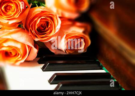 Bouquet of pink roses on the piano keyboard, romantic atmosphere. A gift from fans Stock Photo