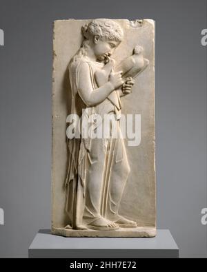 Marble grave stele of a little girl ca. 450–440 B.C. Greek The gentle gravity of this child is beautifully expressed through her sweet farewell to her pet doves. Her peplos is unbelted and falls open at the side, while the folds of drapery clearly reveal her stance. Many of the most skillful stone carvers came from the Cycladic Islands, where marble was plentiful. The sculptor of this stele could have been among the artists who congregated in Athens during the third quarter of the fifth century B.C. to decorate the Parthenon. Listen to experts illuminate this artwork's story Listen Play or pau Stock Photo