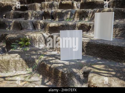 Blank book model on ancient ruins, notebook mockup, mockup on nature background 06 Stock Photo