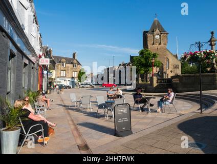 Galashiels, Selkirkshire, Scotland - the town hall and the Salmon Inn with outdoor seating in summer. Stock Photo