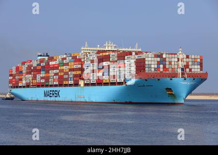 The container ship Mogens Maersk will leave the port of Rotterdam on September 4, 2021. Stock Photo