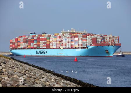The container ship Mogens Maersk will leave the port of Rotterdam on September 4, 2021. Stock Photo