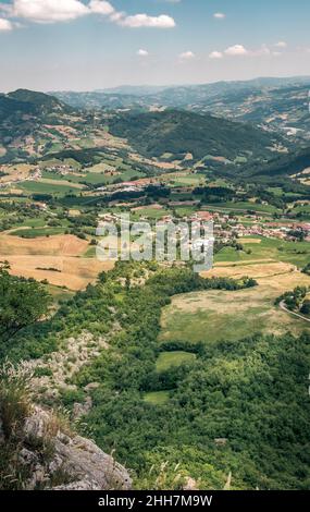 View on the large ancient landslide down the north-east slope of the Bismantova stone; Castelnovo ne Monti, Reggio Emilia, Emilia Romagna, Italy. Stock Photo