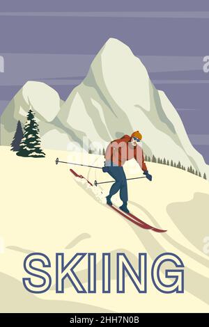 Mountain skier vintage winter resort village Alps, Switzerland. Snow landscape peaks, slopes, with wooden old fashioned skis and poles. Travel retro Stock Vector