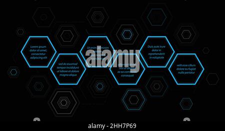 Six options dark theme infographic template with hexagonal blocks Stock Vector