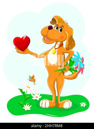 Cartoon dog holding a heart and a small bouquet of flowers in its paws. Stock Vector