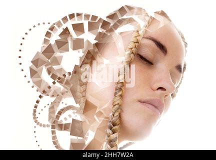 A portrait of a woman combined with 3D polyhedra in a double exposure technique. Stock Photo
