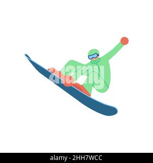 Snowboarder performing a trick jump isolated on white background. Flat Art Vector Illustration Stock Vector