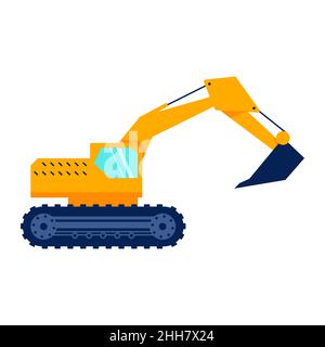 Construction orange excavator side view isolated on white background. Flat Art vector Illustration. Stock Vector