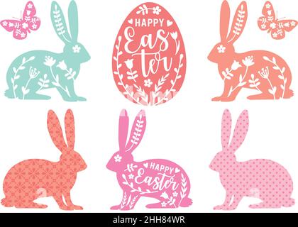 Easter egg and bunnies silhouettes with floral pattern, set of vector graphic design elements on white background Stock Vector