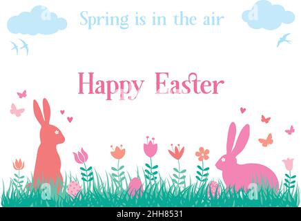Easter bunnies sitting in grass with spring flowers, set of vector illustration on white background Stock Vector