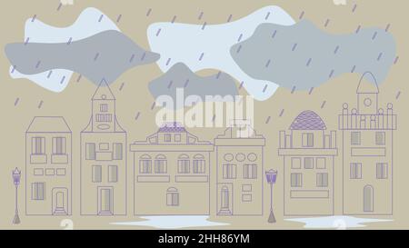 in the city, the contours of houses are hiding in the rain Stock Vector