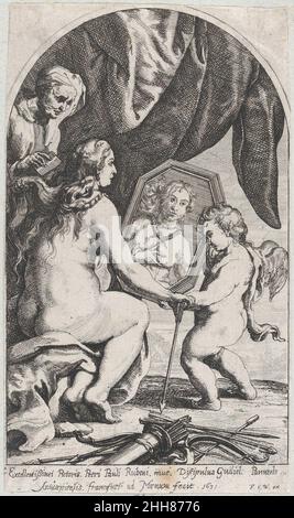 Venus before a mirror held by Cupid while her hair is combed by an old woman 1631 Willem Panneels An arched composition.. Venus before a mirror held by Cupid while her hair is combed by an old woman. Willem Panneels (Flemish, ca. 1600–after 1632). 1631. Etching; second state of two (Hollstein). Frans van den Wyngaerde (Flemish, Antwerp 1614–1679 Antwerp). Prints Stock Photo
