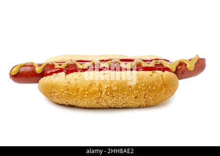 Hot Dog with huge sausage mustard and ketchup on white background Stock Photo