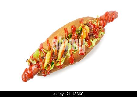 Yummy hotdog with fried onion and pickled peppers on white Stock Photo