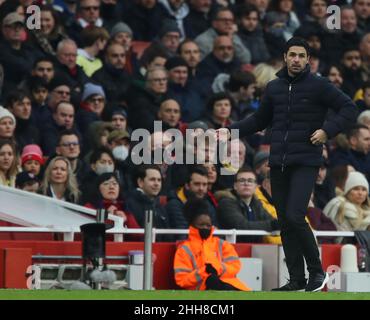 LONDON, ENGLAND - JANUARY 23: Arsenal Manager Mikel Arteta during the Premier League match between Arsenal and Burnley at Emirates Stadium on January 23, 2022 in London, United Kingdom. (Photo by MB Media) Stock Photo