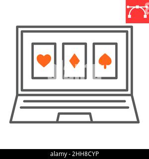 Online casino line icon, laptop and bet, online poker vector icon, vector graphics, editable stroke outline sign, eps 10. Stock Vector