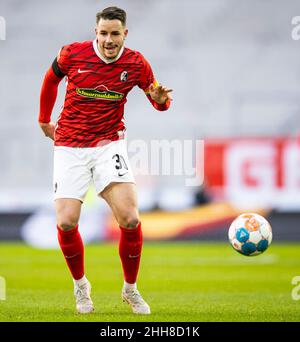 Freiburg Im Breisgau, Germany. 22nd Jan, 2022. Soccer: Bundesliga, SC Freiburg - VfB Stuttgart, Matchday 20, Europa-Park Stadion. Freiburg's Christian Günter in action. Credit: Tom Weller/dpa - IMPORTANT NOTE: In accordance with the requirements of the DFL Deutsche Fußball Liga and the DFB Deutscher Fußball-Bund, it is prohibited to use or have used photographs taken in the stadium and/or of the match in the form of sequence pictures and/or video-like photo series./dpa/Alamy Live News Stock Photo