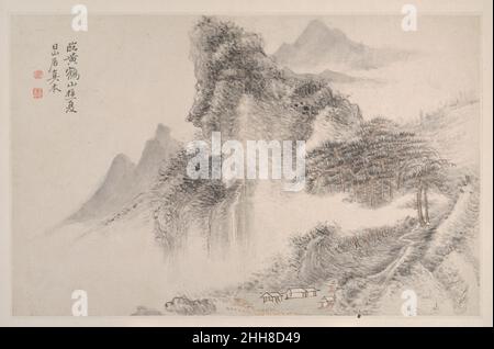 Landscapes in the Manner of Song and Yuan Masters 1667 Yun Shouping Chinese Yun Shouping was a member of the close circle of artists that made up the early Qing Orthodox movement. A protege of the 'Four Wangs,' he gained their admiration for the sensitivity of his brush handling, which was said to have exceeded even that of his contemporary and close friend Wang Hui (1632–1717).This landscape album, one of Yun's earliest dated works, rivals his elegant flower paintings in the exquisite delicacy of its brushwork and variety of its compositions. The individual leaves range from monumental landsc Stock Photo