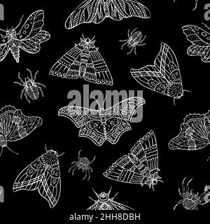 Seamless pattern of night butterflies and spiders. Hand drawn illustration Stock Vector