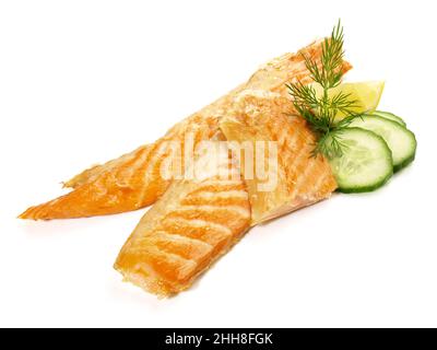 Smoked Salmon Belly Omega 3 high fat, low carb, isolated on white Background Stock Photo