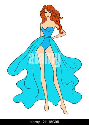 Slender graceful woman in blue dress with magnificent red hair isolated on the white background, hand drawing vector outline Stock Vector
