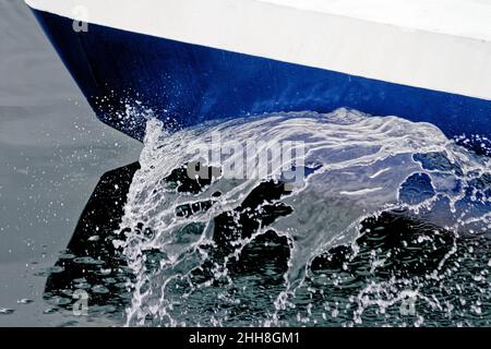 Boat Wave ocean trace on blue sea fresh water background. Deep ocean water surface trail bubble foaming Stock Photo