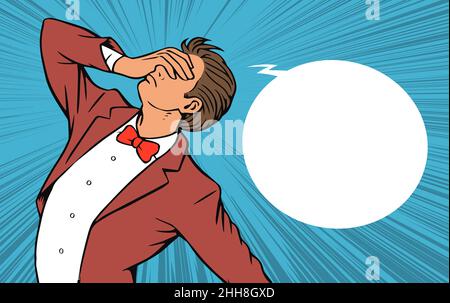 The young man is in great despair. He clutched his head in grief. Empty bubble for text. Vector comic pop art illustration drawing Stock Vector