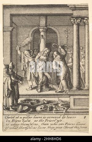 The scourging 1644–52 Wenceslaus Hollar Bohemian Christ is tied to a pillar and scourged by two monks while two cardinals look on from the right. Instruments used for the torment lie in the foreground.. The scourging  360708 Stock Photo