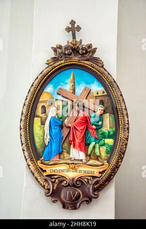 Religious Christian art decoration inside of the Our Lady of Charity of El Cobre basilica church. Stock Photo