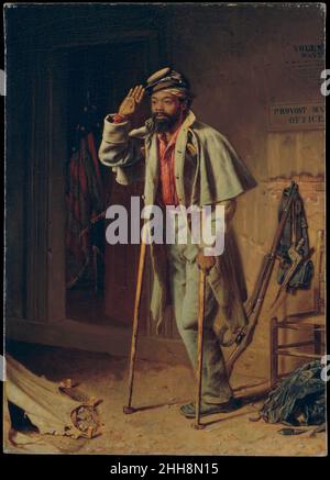 A Bit of War History: The Veteran 1866 Thomas Waterman Wood American This work, painted at the close of the Civil War, forms a narrative triptych (84.12a, b, c) of African American military service. In 'The Contraband' (84.12a)—a term that referred to enslaved people who fled to Union lines at the beginning of the conflict—the self-emancipated man appears in a U.S. Army Provost Marshall General office, eager to enlist. The Recruit (84.12b) represents him as proudly ready for military service. In 'The Veteran' (84.12c), he is depicted as an amputee possibly seeking his pension in the same offic Stock Photo