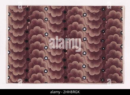Textile Design with Vertical Strips of Clouds and Circles 1840 Anonymous, Alsatian, 19th century Rectangular sheet of paper with a textile design from a group, dated 1840, made in Mulhouse, Alsace which was an important nineteenth-century center for textile production in the Haut-Rhin region of France. The design is made of vertical strips of overlapping clouds rendered with dark reddish-brown stipples over a light tan base and with a strip of white circles with black borders running along the center of the clouds, which are framed by vertical strips of circles of black color over a dark reddi Stock Photo