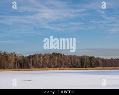 Frozen ponds 'Echo' in the town of Zwierzyniec. Roztocze National Park. Stock Photo