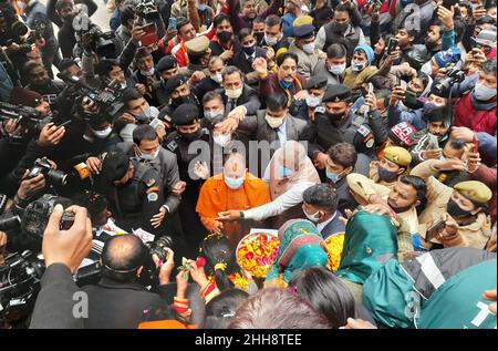 Ghaziabad, India. 23rd Jan, 2022. GHAZIABAD, INDIA - JANUARY 23: Uttar Pradesh Chief Minister Yogi Adityanath during his door to door campaigning for upcoming UP Assembly elections at Rajiv Colony, Sahibabad on January 23, 2022 in Ghaziabad, India. The Uttar Pradesh Assembly election 2022 will be held from February 10 in seven phases. The counting of votes will take place on March 10. (Photo by Sakib Ali/Hindustan Times/Sipa USA) Credit: Sipa USA/Alamy Live News Stock Photo