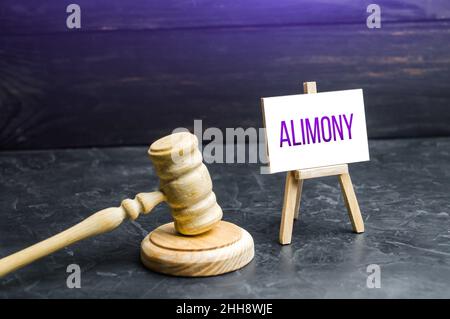 Judge's hammer and alimony sign. Legal action for the payment of child support. Legal service, protection of rights, resolution of disputes. Sanctions Stock Photo